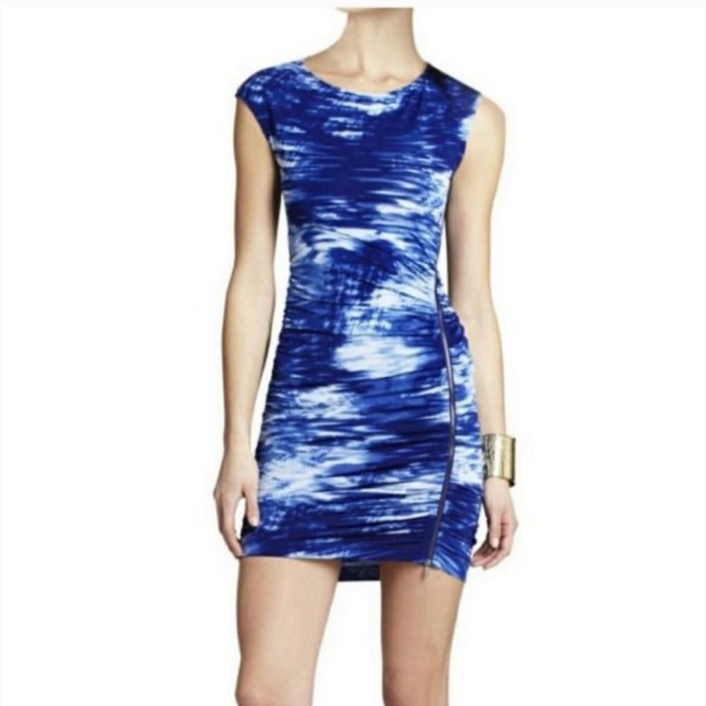 Beautiful blue and white ruched bodycon by BCBG